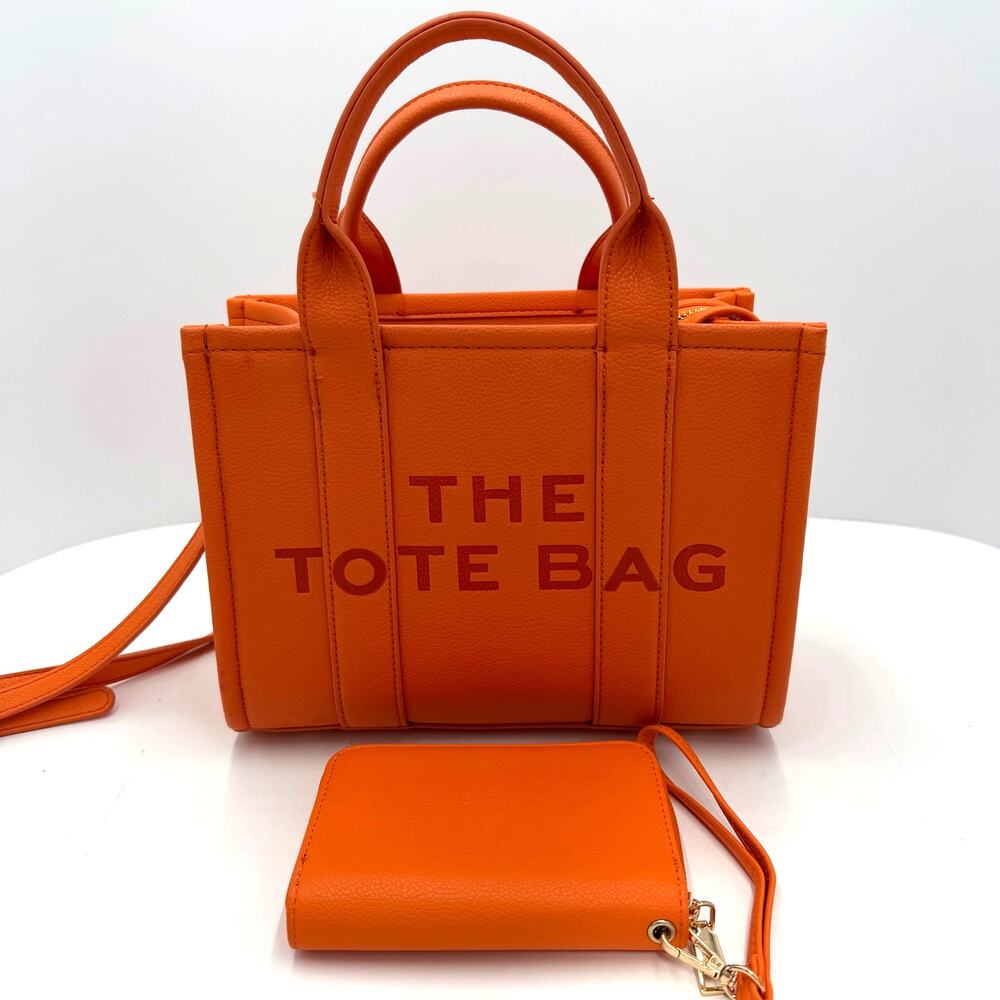 The Tote Bag Orange Purse Zipper Hand Bag 10.5"x8.5" w/ Shoulder Strap & Wallet